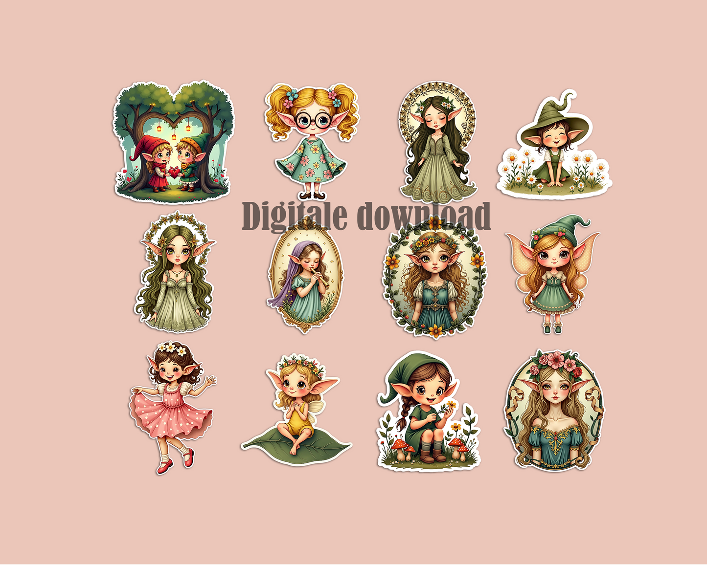 Retro Elfen Stickers Digitaal