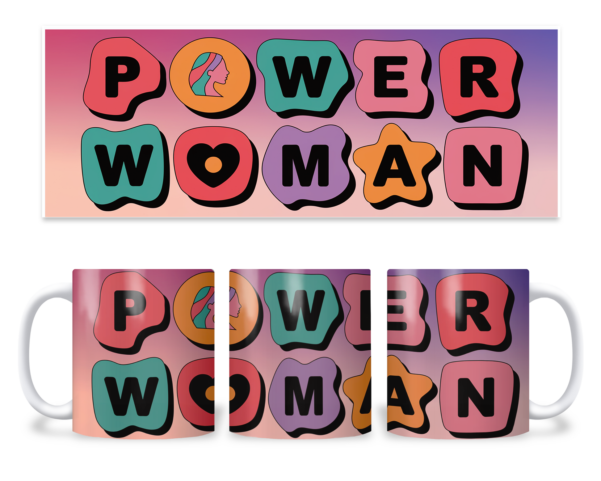 bedrukte mok met gekleurde ronde vormen die de teks"Power Woman"vormen