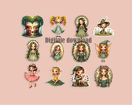 Retro Elfen Stickers Digitaal